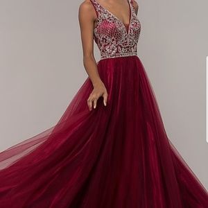 long tulle beaded bodice prom dress